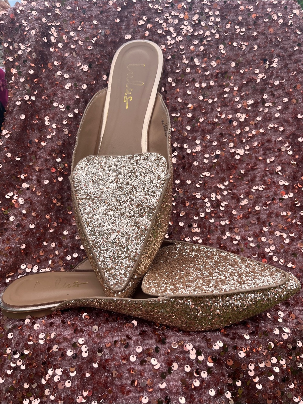 Lulu's Gold Glitter Pointed Backless Mules